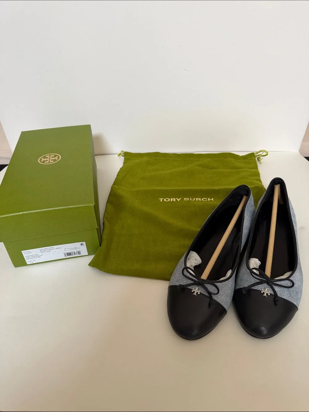 Tory Burch Navy Leather Cap-Toe & Denim Blue Fabric Ballet Flats